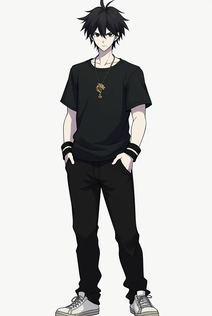A black-haired anime with a serious face, a black short-sleeved shirt with a black strip on the wrists, black pants, white tennis shoes, with pale white skin, masculine, a necklace with a dragon pendant