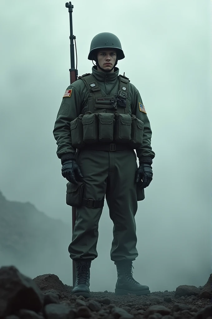 Create a standing soldier (Quality nature)(a cloudy place)