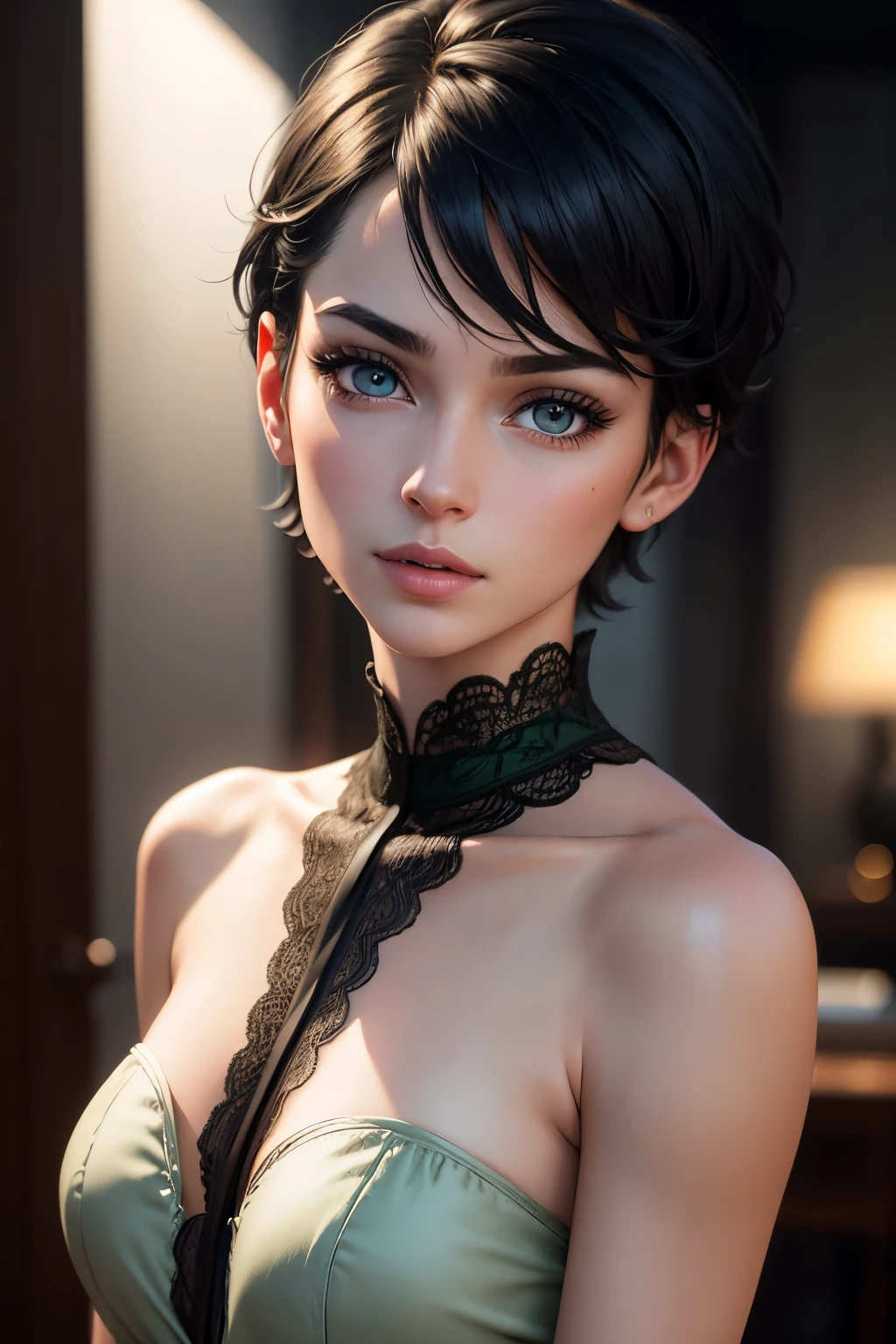  french girl,androgynous style,short black hair,bright green eyes,loves films,beautiful detailed eyes,beautiful detailed lips,extremely detailed eyes and face,long eyelashes,portrait,photorealistic,photo-realistic:1.37,best quality,4k,8k,highres,masterpiece:1.2,ultra-detailed,realistic,HDR,studio lighting,ultra-fine painting,sharp focus,physically-based rendering,extreme detail description,professional,vivid colors,bokeh