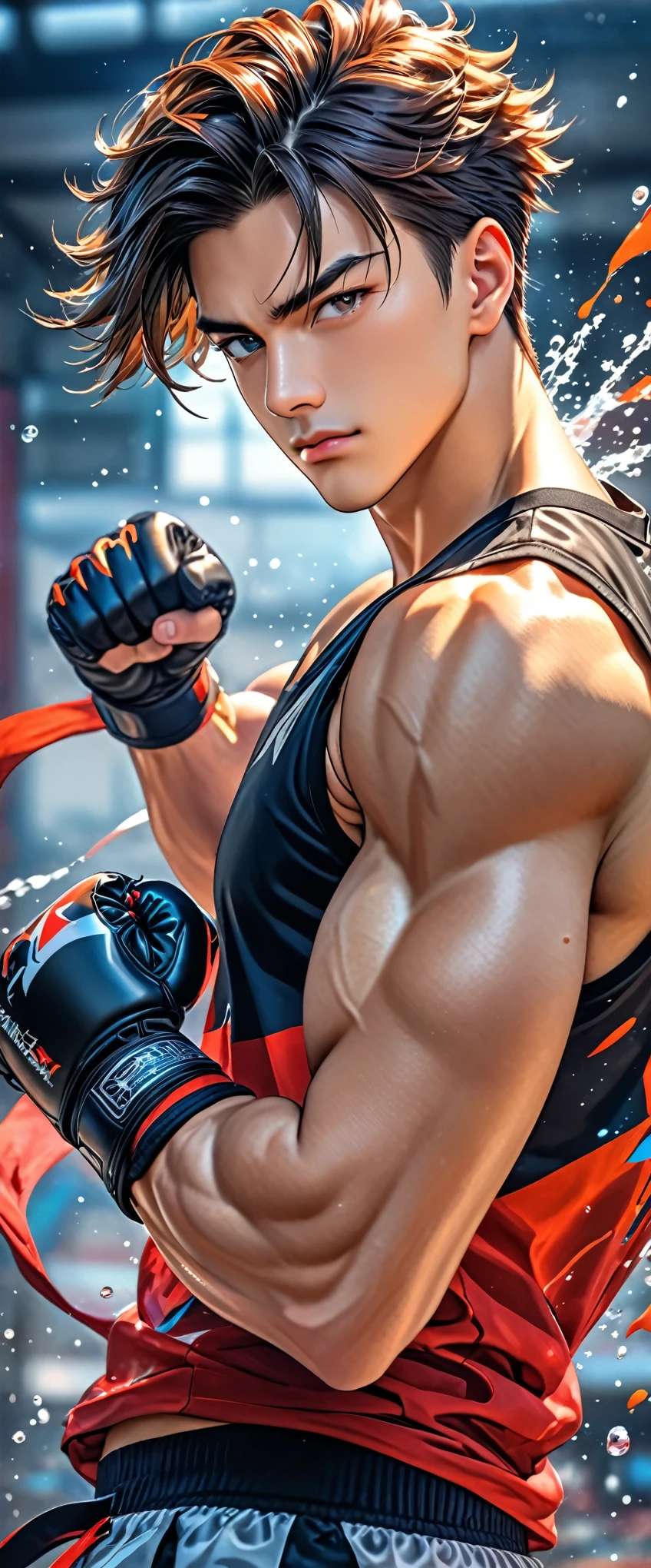 A handsome boy about 1, high school, Masterpiece, 8k, HDR, Wonderful, boy about 1, handsome, sharp gaze, standing, comma hairstyle, wearing a tank top that shows off his muscles, ideal height, wearing fighter style gloves, fighter pose, close up, splash color