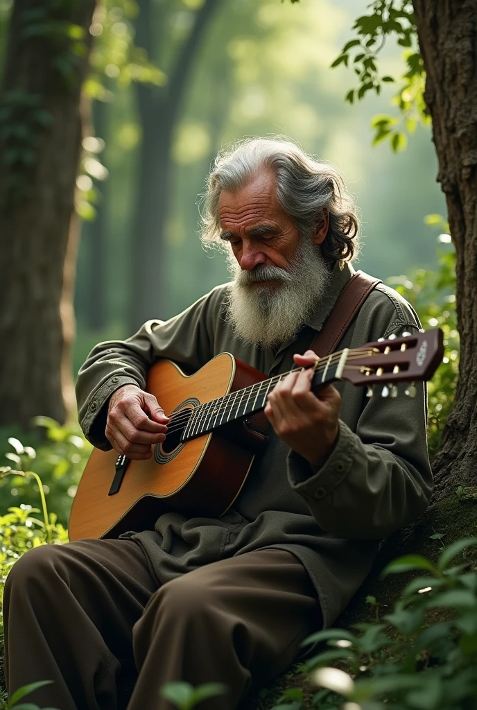 OLD MAN HOLDING AN OLD WORN GUITAR IN THE FOREST