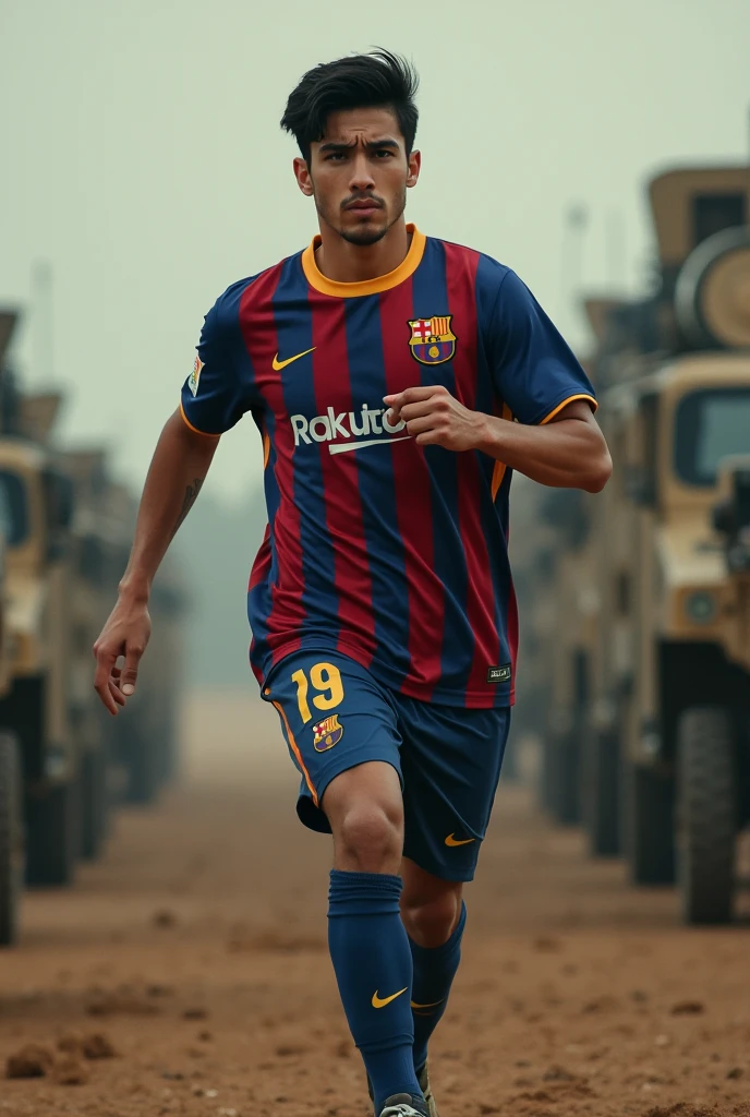 Young man wearing Barcelona jersey fights army and turns into a spy for his Barcelona friends 