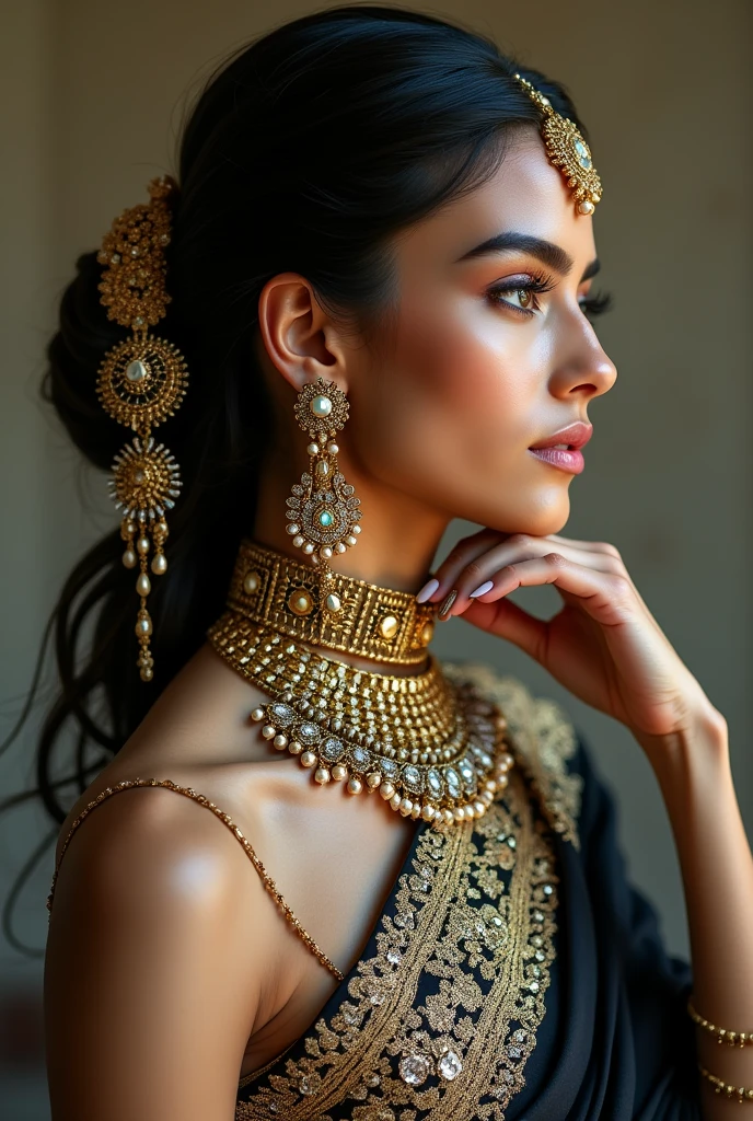 arafa woman in a sari with a necklace and a necklace, complex set, adorned with precious stones, wearing intricate, complex jewelry, with details Intricate, complex outfit, wearing elegant jewelry, details Intricate. 正面, black jewelry, Detailed Jewelry, high details Intricate, photo of a hand jewelry model, close up portrait, intricate beauty, complex jewelry, side view details Intricate