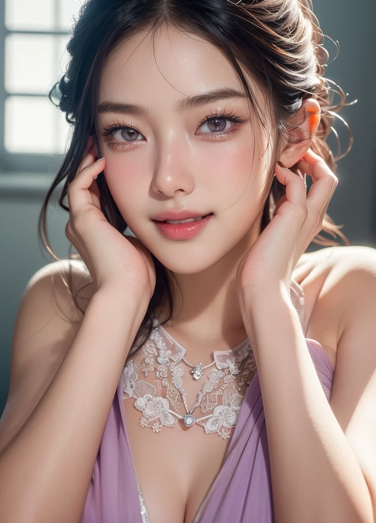 ((Masterpiece:1.2)), ((Best Quality)), ((Ultra-high resolution, UHD)), ((High-resolution RAW color photos)), ((Professional photos, Extremely detailed photo, Sharp focus:1.2)), ((ultra realistic)), Photoshoot, Studio, ((Contour light)), (The game of lights and shadows), depth of field, Perfect Lighting, Detailed Lighting, Dramatic shadows, Ray tracing,
(((accurate anatomy))), ((best anatomy hands)), ((best anatomy eyes, Very Detailed eyes, Double eyelids, looking at viewer)), ((Beautifully detailed lips)), ((Perfect Texture Hair: 1.2)), ((Extremely delicate face, Very detailed facial skin texture, Glowing Skin, Glossy skin)), (Natural makeup:0.8),
((intricate)), ((Very detailed)), (do not go beyond the edges of the image:1.65), (rating:safe),
((Face photo)),
((close-up camera)), ((Dynamic Angle, Eye-Level)),
Create a hyper-realistic close-up portrait capturing the exquisite details of a woman's face, Pay meticulous attention to realism, Highlight the soft, natural variations in skin tones,
((shows the details of the facial skin texture), (Special attention to facial texture details:0.6)), (pores:0.1), (wrinkles:0.2), (Romantic atmosphere of the setting, Color range : Geradine, Old rose and Purple Tones),
1 picture, 1 girl, (brightly smile, teeth),