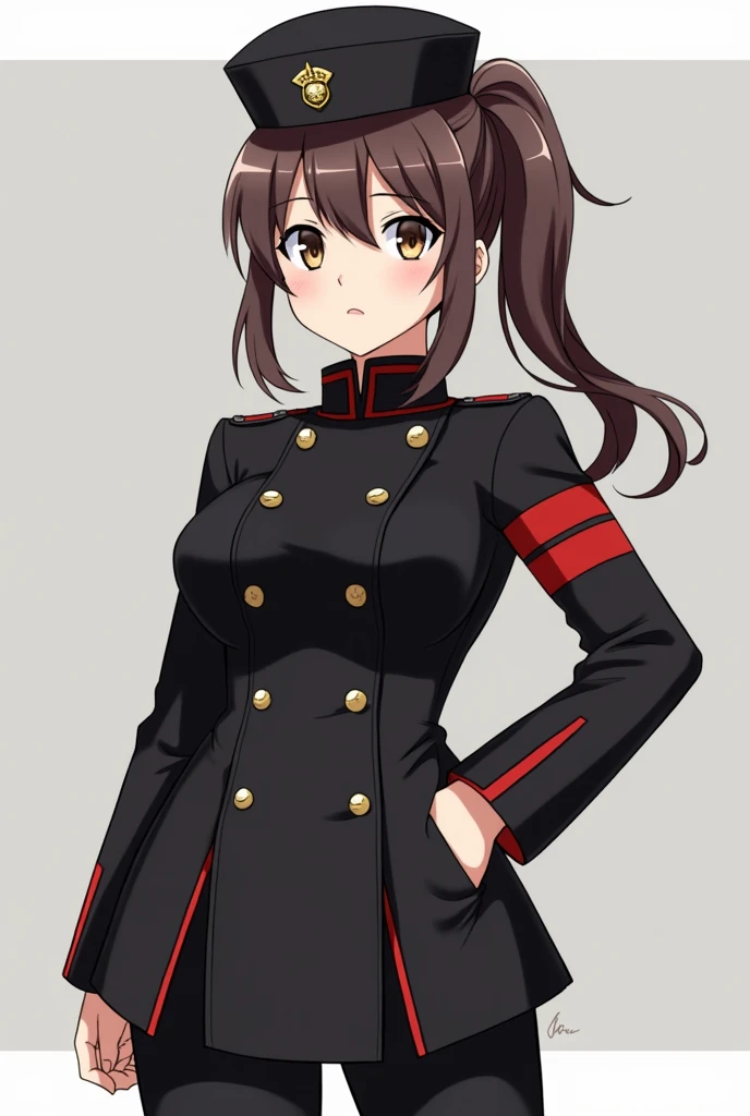 White anime girl in a black military overcoat with a red line on each arm, military beret, black pants, with brown hair in a ponytail. Face forwards with Midsize boobs