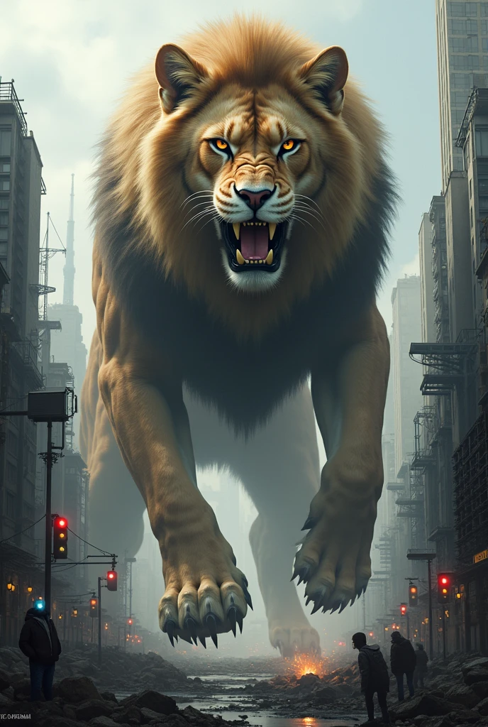 A giant cat mixed with a lion strangling the city.