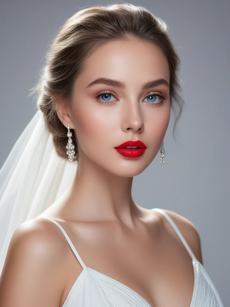 (best quality,4k,8k,highres,masterpiece:1.2),ultra-detailed,(realistic,photorealistic,photo-realistic:1.37),beautiful eyes,beautiful lips,detailed face,red lipstick,gorgeous woman,white dress,elegant fashion model,elegant look,long eyelashes,confident expression,flawless skin,posing gracefully,flowing fabric,soft and silky material,graceful movement,vibrant colors,artistic lighting,studio photo shoot, dreamy atmosphere