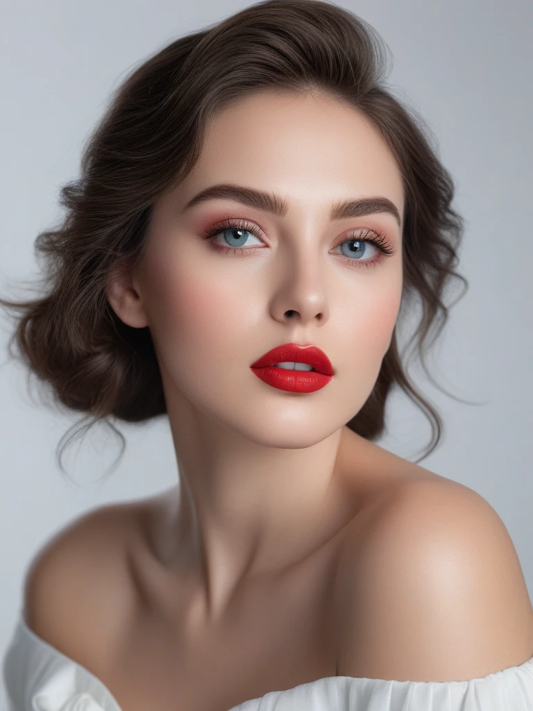 (best quality,4k,8k,highres,masterpiece:1.2),ultra-detailed,(realistic,photorealistic,photo-realistic:1.37),beautiful eyes,beautiful lips,detailed face,red lipstick,gorgeous woman,white dress,elegant fashion model,elegant look,long eyelashes,confident expression,flawless skin,posing gracefully,flowing fabric,soft and silky material,graceful movement,vibrant colors,artistic lighting,studio photo shoot, dreamy atmosphere