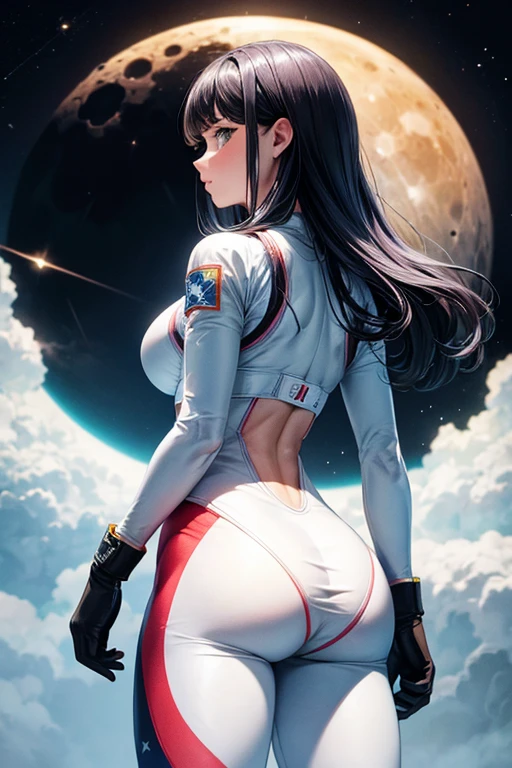 asteroid crashing into moon women watching in multicolored astronaut suit tight bodies athletic slim big breasts big buttocks 