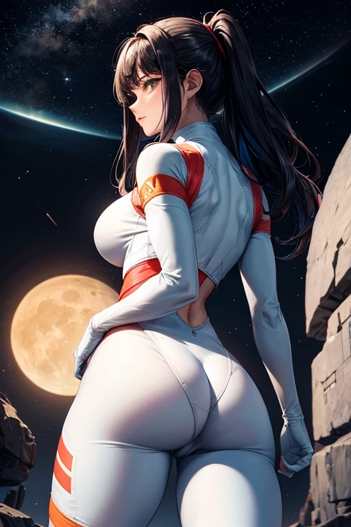 asteroid crashing into moon women watching in multicolored astronaut suit tight bodies athletic slim big breasts big buttocks
