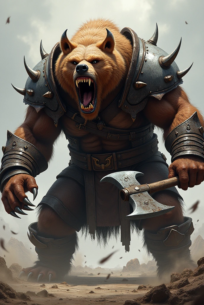 close up face angry warrior bear, open claws on display, attacking, viking armor, attacking com a pata, armed with an axe 