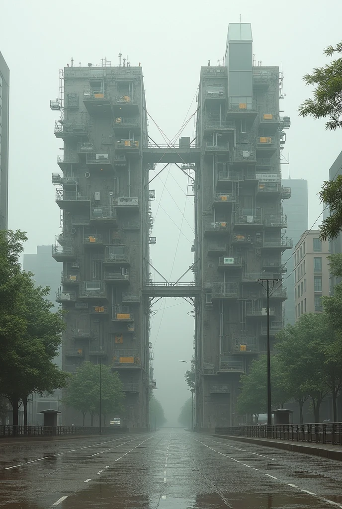 two structures that are connected to each other by something small like a thread, Plastic represents the imperfections of the city 