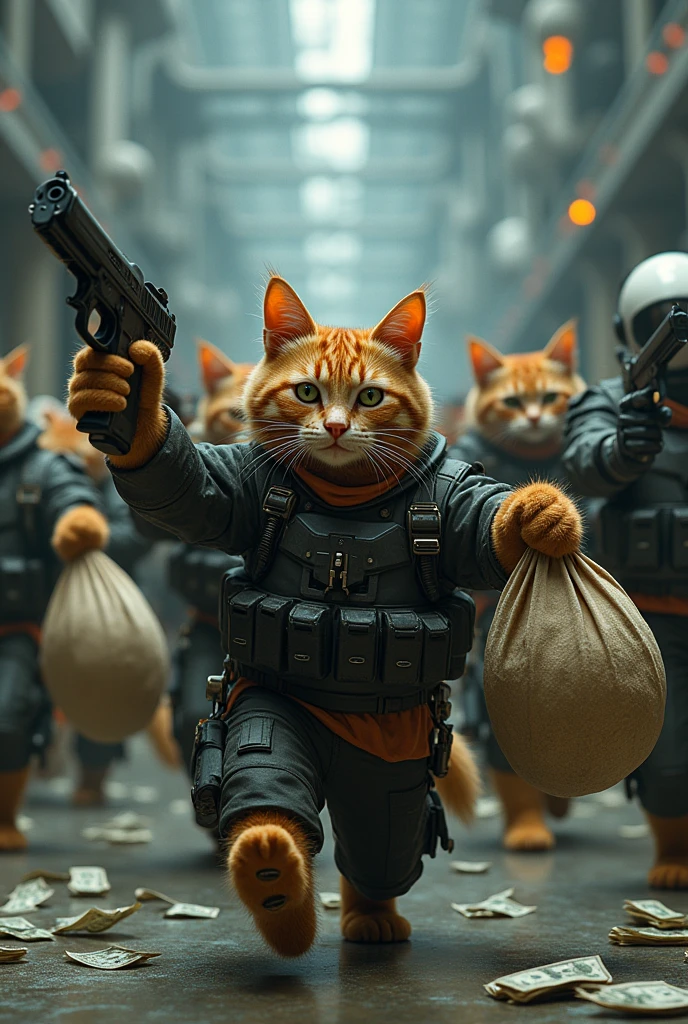 Cat army shoot and robotic  backround Bank and cat in hand gun and bag at money at .name text tag 7tw king