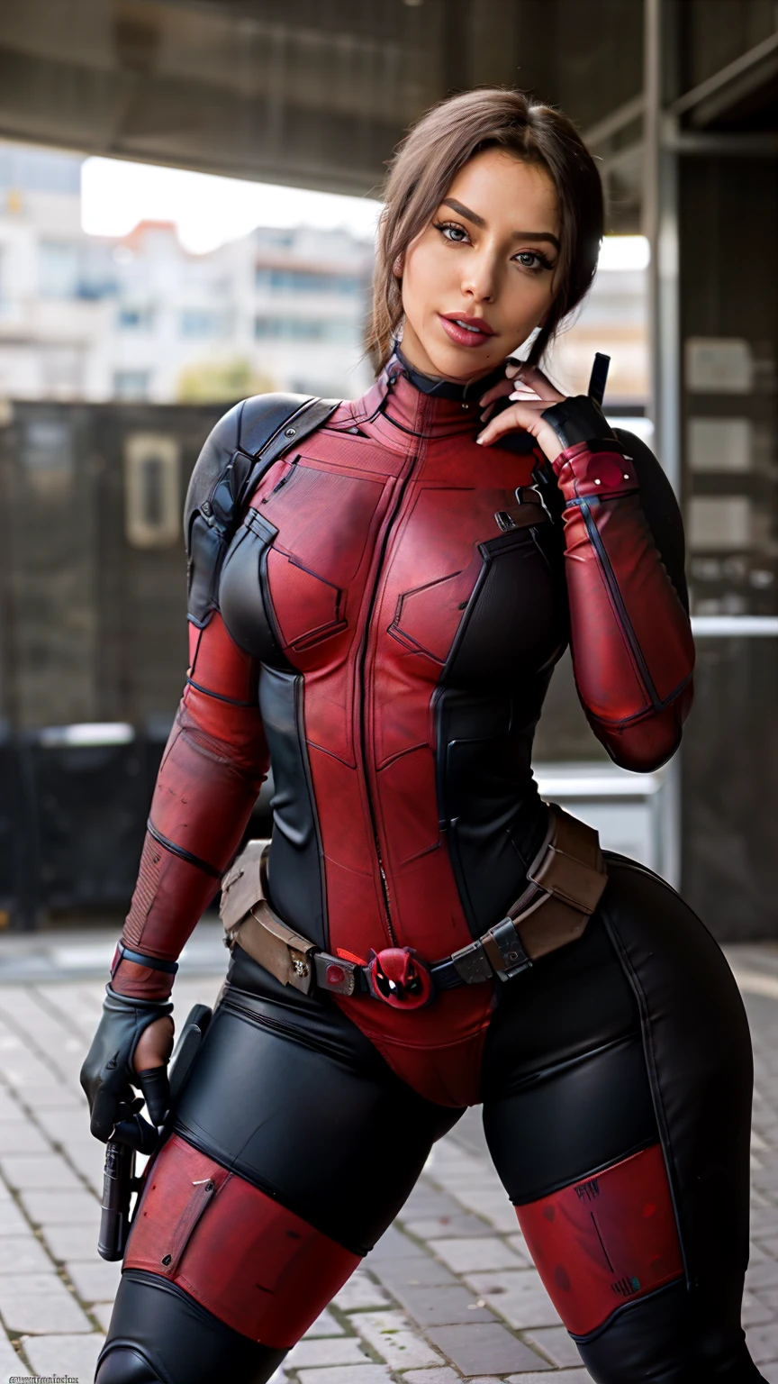 female deadpool unmasked, extremely tight suit, showing her figure, thick girl sexy looking, beautiful,The overall tone should be intense and dynamic, with a focus on power and sex appeal, but without crossing into overtly suggestive content