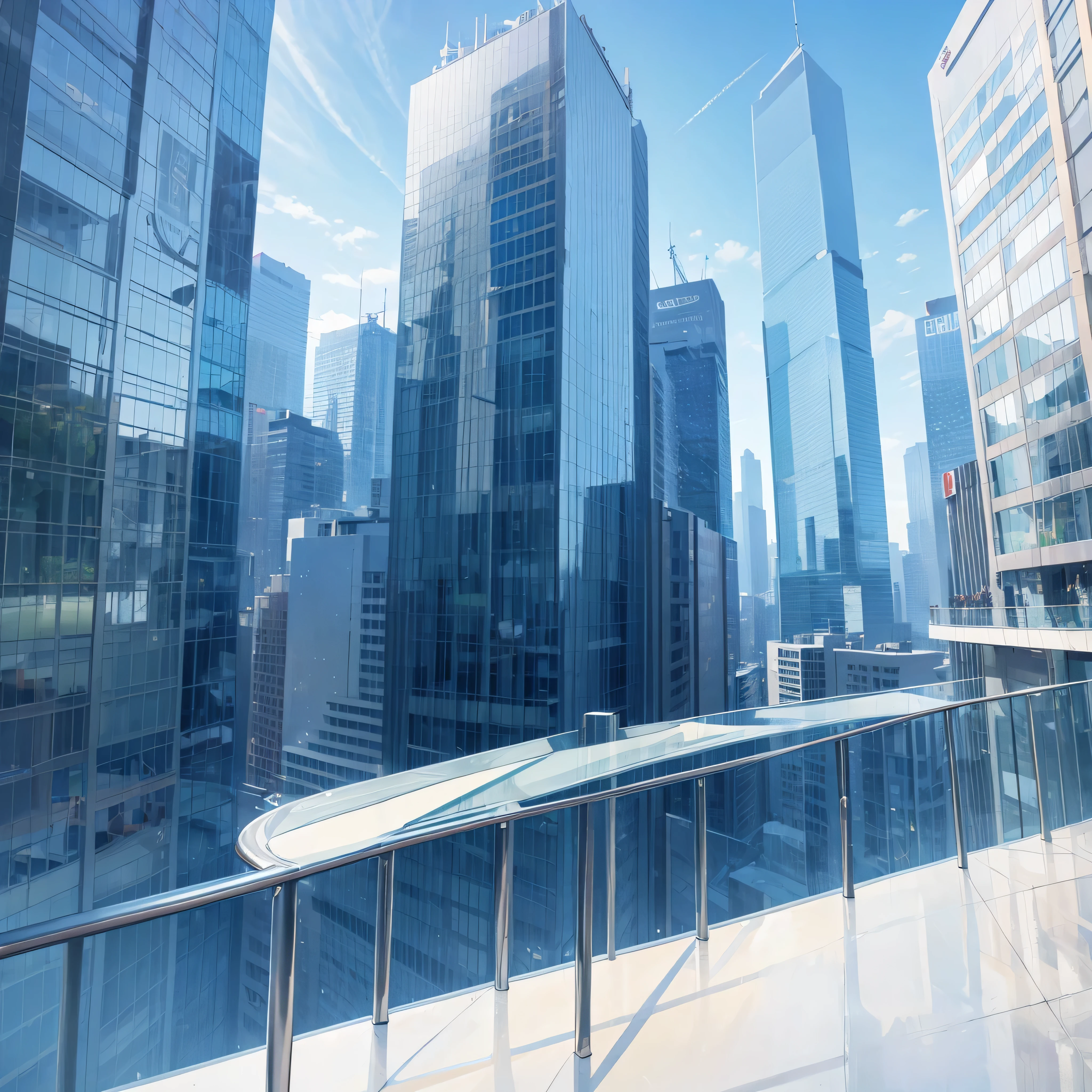 landscape, no human, looking down glass walled skyscrapers, bluesky, sunshine, morning