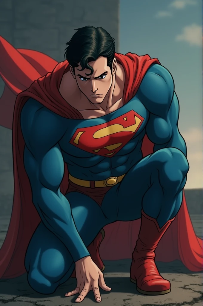 ((best quality)), ((masterpiece)), (detailed), perfect face. Superman, defeated, on his knees, submission, scared, torn/revealing suit, anime, kryptonite stone.