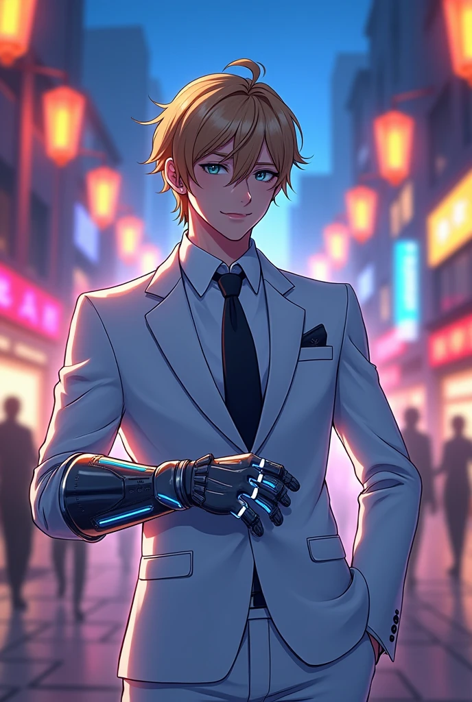 Anime masterpiece, charming boy, inspired by Debonair Ezreal from League of Legends and My Hero Academia aesthetics, captivating smile and confident gaze, donned in a pristine white tailored suit, sleek black tie elegantly knotted, glimmering gauntlet on right hand showcasing intricate mechanical design, striking blue accents reflecting his playful personality, vibrant background of a bustling cityscape at twilight, glowing lanterns and neon signs illuminating the scene, dynamic pose exuding confidence and allure, layers of detail in fabric textures highlighting the craftsmanship of his attire, soft expressive eyes inviting connection, intricate linework conveying movement and energy, harmonious color palette of crisp whites, deep blacks, and vibrant blues, stylized anime features with a youthful edge, emphasizing the character's unique features and fashionable flair, composed at a slight angle to create a sense of depth, dramatic lighting highlighting contours and suit elegance, artistic composition following the rule of thirds to enhance visual interest, anime style with exaggerated proportions and expressive expressions, showcasing the essence of contemporary anime art
