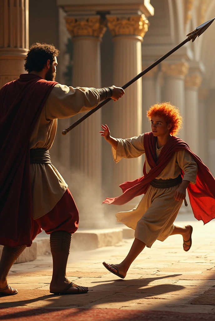 KING SAUL ATTACKS DAVID, 2 young man, THROWING A SPEAR IN YOUR DIRECTION, DAVID MANAGES TO DODGE, PALACE OF THE BIBLICAL PERIOD, red hair. 8K realistic picture.
