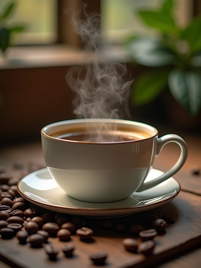 A close-up of a cup of coffee with steam on top of the table , On the table there are coffee beans and leaves