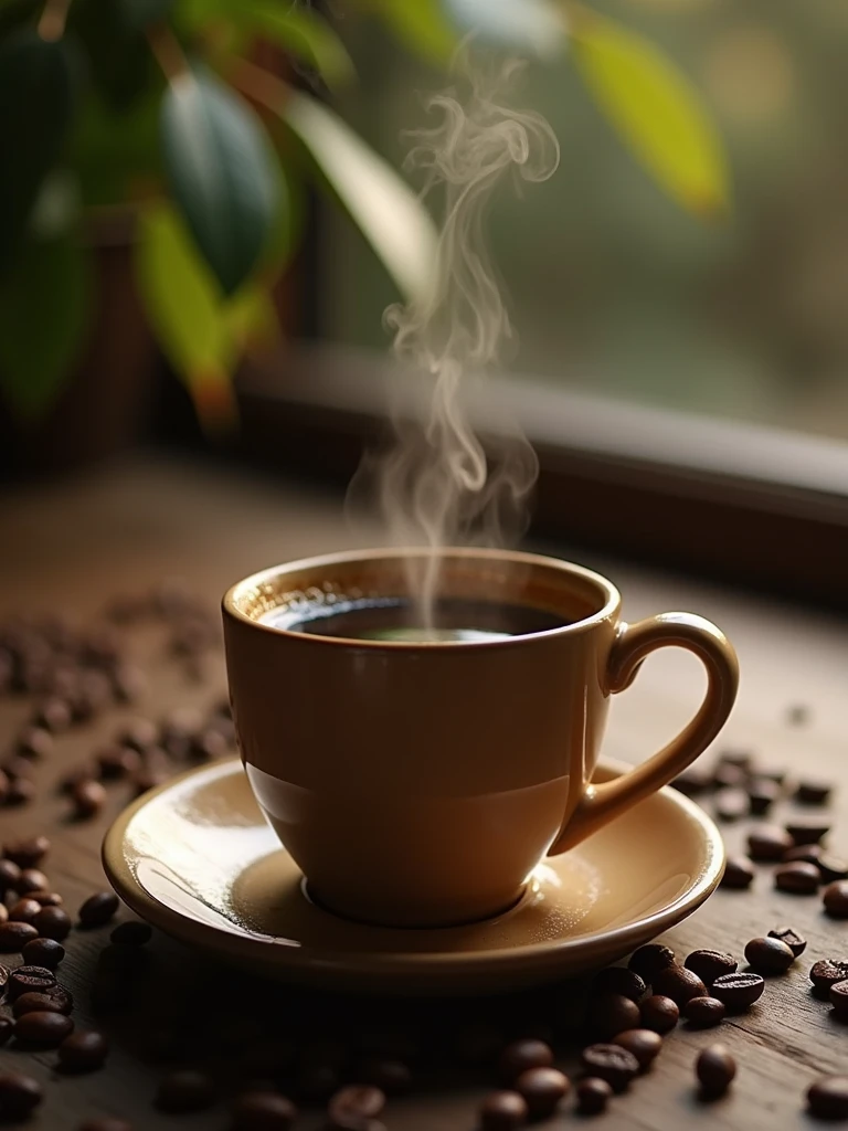 A close-up of a cup of coffee with steam on top of the table , On the table there are coffee beans and leaves