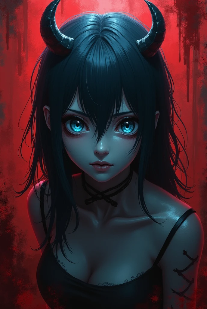 Grey skinned demon anime girl with sharp blue eyes, bloody background,