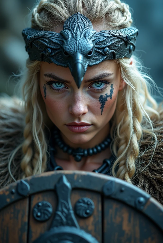 Close up face beautiful viking woman, wooden shield in hand , strong blue light in the eyes, imposing eagle crown , viking face paintings, Angry, bone necklace around the neck, battle armor, focused, braids in hair, blonde, looking 3
