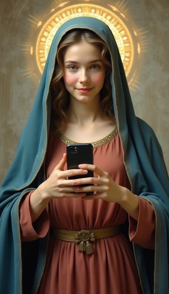 Raw photo, A young and very beautiful virgin Mary, Ancient women, Reddish beige tunic with blue cloak and veil, Halo, Taking a selfie with your smartphone, A faint smile