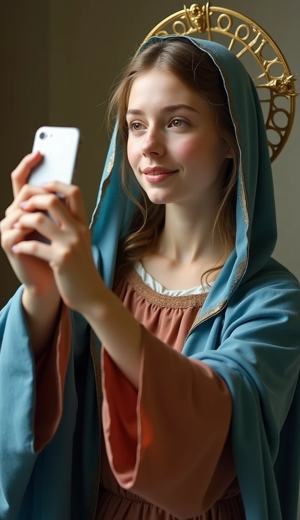 Raw photo, A young and very beautiful virgin Mary, Ancient women, Reddish beige tunic with blue cloak and veil, Halo, Taking a selfie with your smartphone, A faint smile