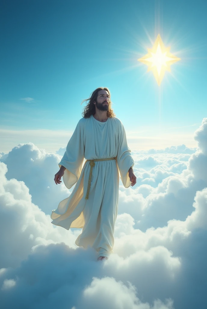 Jesus Christ walking in blue sky with a star shaped ball 