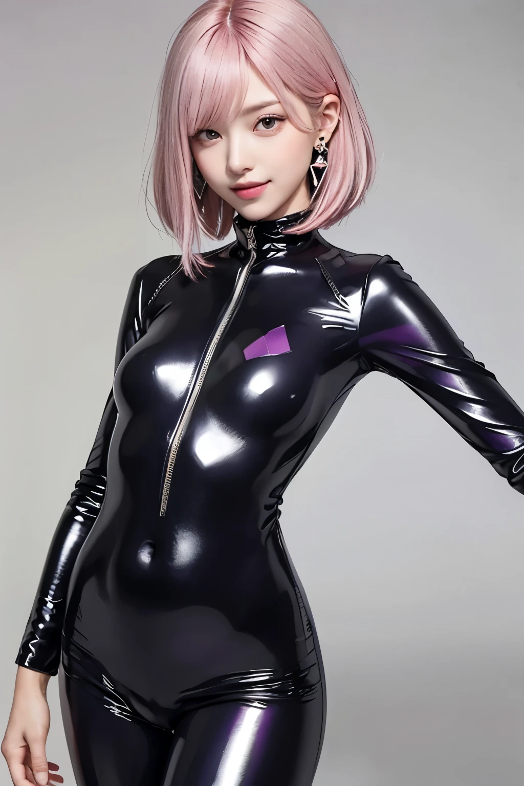 (8K, top-quality, masterpiece:1.2), ( Super Detail), (One girl), (Highly detailed), (beautifully detailed eyes), (of the highest quality), (super detailed ), (masterpiece), (Detailed face), ((pink hair,)), blunt bangs, bob cut, medium breasts, clothed, Perfect Lighting, BREAK, (purple glossy rubber suit:1.3), (Rubber suit with geometric pattern:1.2), (geometrical pattern:1.2), high neck, (long cut:1.3), (glossy fabric:1.5), matte finish, (boots:1.1), sleek and slim, (silvery earrings:1.1) with a touch of sparkle, glossy makeup, sleek hair, fitted and sexy silhouette, stylish and modern look, BRAKE, (cowboy shot:1.3), (aroused smile:1.1), (white background:1.1)