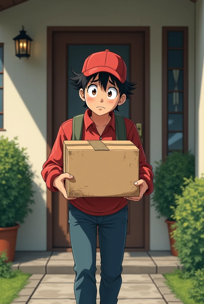 With a design similar to Fujiko F. Fujio。Delivery man。He has a troubled look on his face while carrying a cardboard box.。In front of the entrance to a house。Your body is facing the entrance.。Face slightly towards the camera。