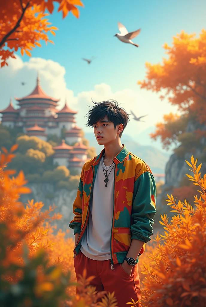 a young man shorty black messy haircut, wear characters clothes, standing, pose, style, fashion, natural, animation background, colorful places, colorful leafs, morning sun, beautiful nature, birds on the sky, real hyper realistic, real human jepang, UHD 8k, detailed photo, perfect face, detailed places, landscape, full body, photo was taken from a distance outdoor in the royal palace