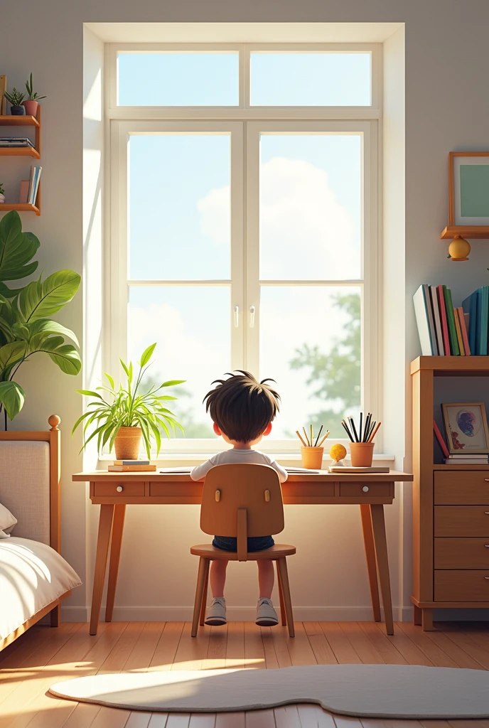 A boy reading book on his study table in beautiful small room, open window with morning sun and flowers,A single bed.