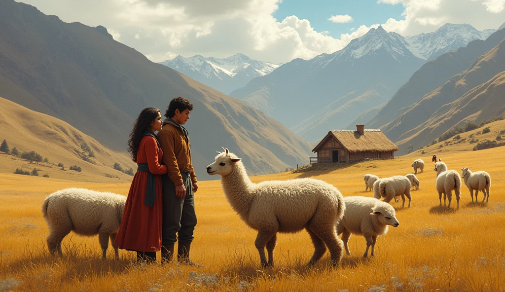 A 20-year-old young woman from the Peruvian Andes grazing many alpacas meeting a young man also from the Peruvian Andes, 1 , poor peasant grazing other people's animals . They both fall in love. with a house and the Andes in the background