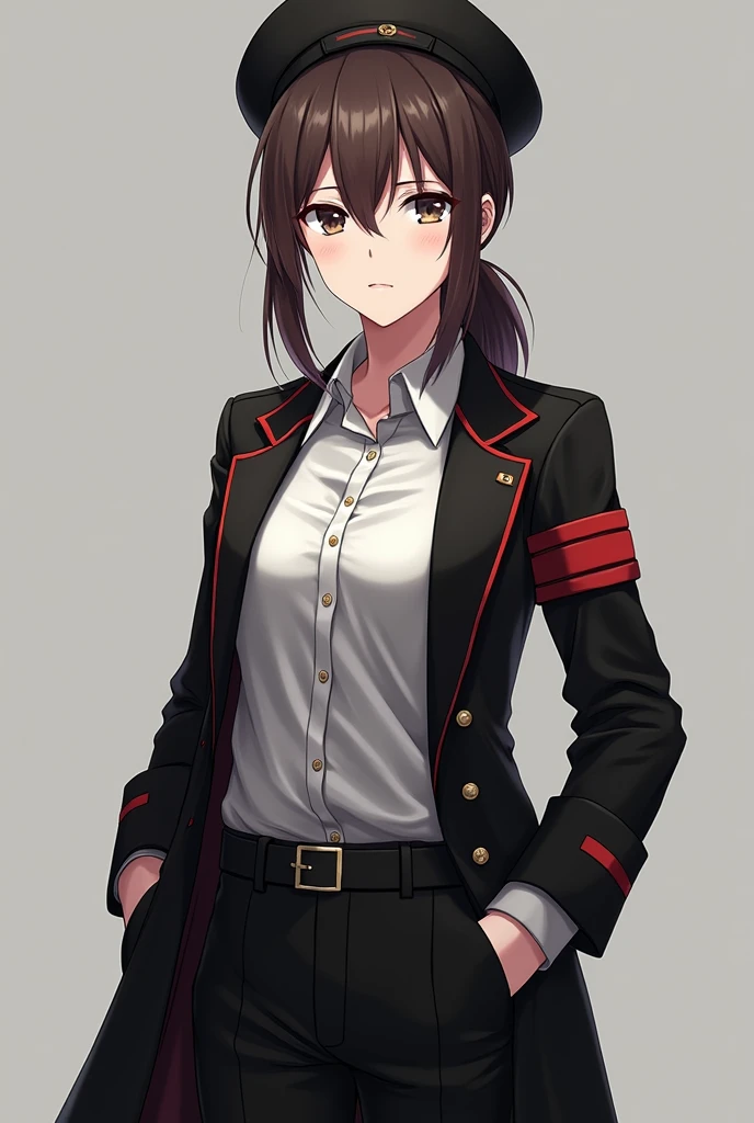 White anime girl in a black military overcoat with a red line on each arm, normal military beret, black pants, with brown hair in a ponytail. Face forwards with Midsize boobs