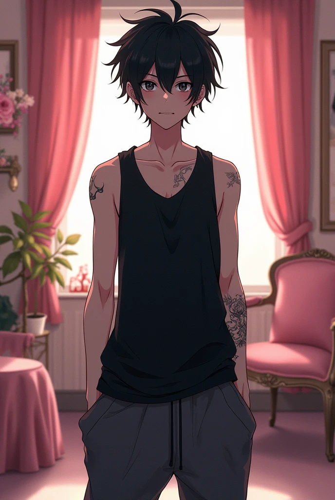 an adult guy, disheveled black hair, slanted black eyes, white skin, with a black tank top, loose sweatpants, background is a feminine room, Counterfeit-V3.0, anime version