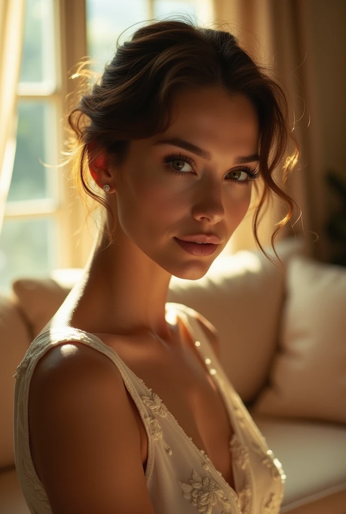 a woman, close-up, elegant, sunny day, living room, french window, sofa, ambient light, curtains, cinematic shadows, lens halo,