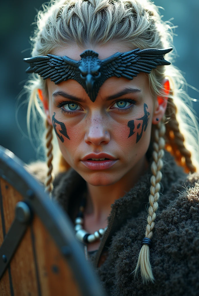 Close up face beautiful viking woman, wooden shield in hand , strong blue light in the eyes, imposing eagle crown , viking face paintings, Angry, bone necklace around the neck, battle armor, focused, braids in hair, blonde, looking 3