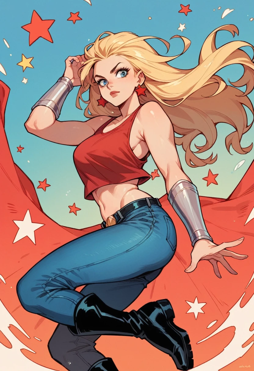 1girl, dc comics, long blonde hair, red star-earrings, red tank top, silver bracers, blue jeans, black boots