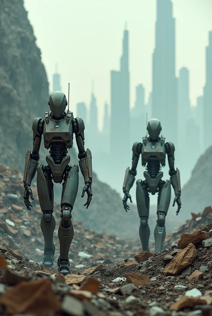 (photorealism: 1.2), two robots in a dystopian landfill, soft lighting, a dystopian futuristic city in the background, realistic and intricate details, cool colors.