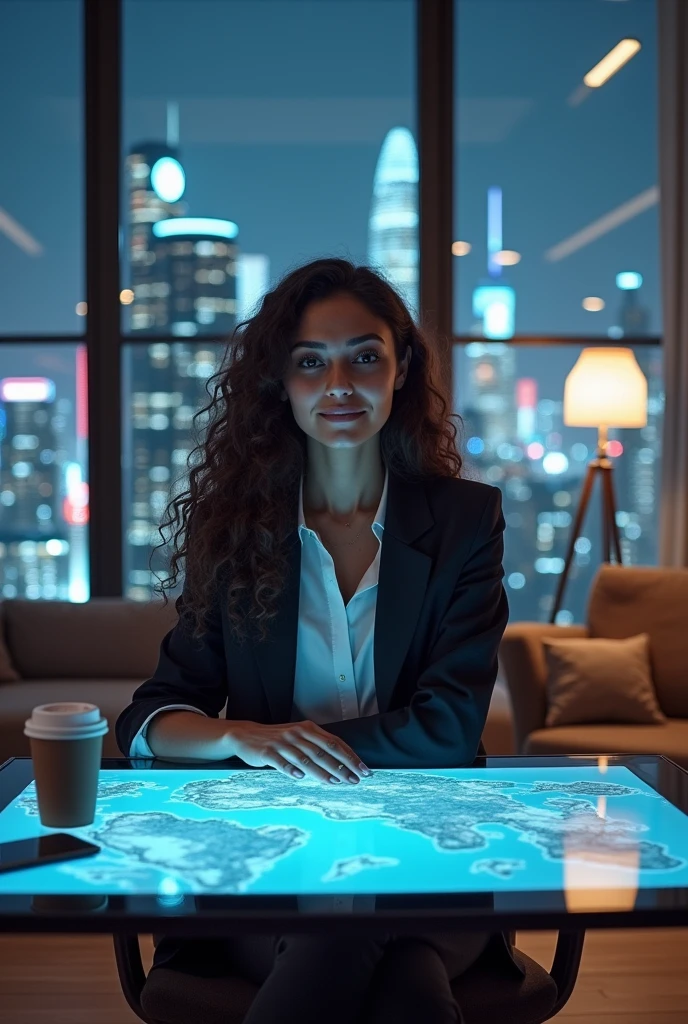 realistic photo of a (pretty girl, 20 years old, brunette, black eyes) seat down in front a short glass table with a screen built inside resembling "Microsoft Surface" , (full lips) , ((perfect face)), [[mild smile]], proportionate body,mixed white-latina herritage, beautyfull, beautyfull face, tanned skin, two arms, two legs, five fingers by hand, full body, (curly black long hair), girl in confortable office clothing seat down in front of a short table being itself a screen, virtual documents and maps into table-screen, horizontal screen, Coffe cup over glass-screen-table, paper notepad and smartphone over glass-screen-table, confortable appartament into glass building, night neon cyberpunk city behind huge glass panels
