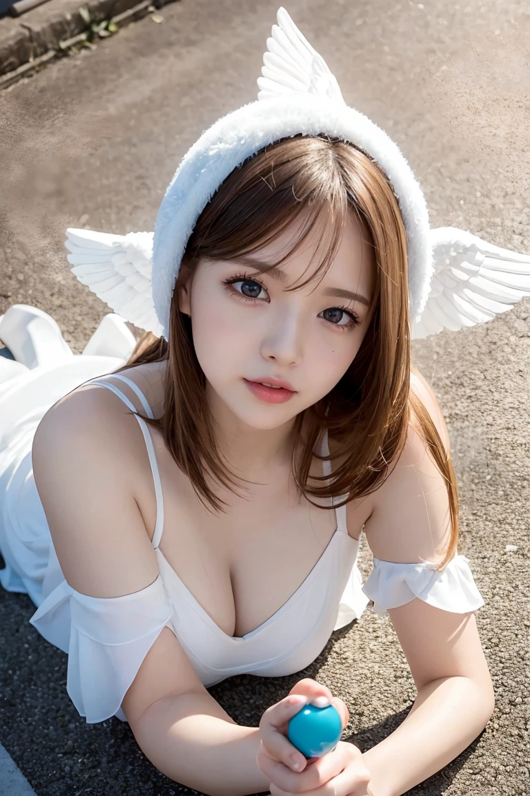 Portrait of an angel woman in an angel costume, hyper realistic photography, Bright tones,
She fell from heaven and lay on her knees on the concrete floor., The angel's wings spread and one wing broke.,dust was accumulating around her., The surrounding atmosphere shocked many people..