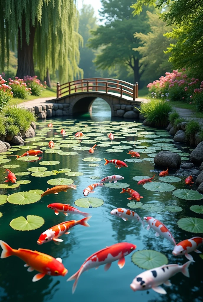 The shore of a clear pond with water lilies, colorful red, blue, and white carp, a small stream flowing into the pond, a small bridge over it, summer sunlight, bright summer flowers, a walkway around the pond, top quality images