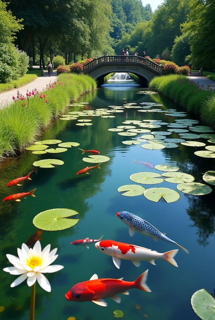 The shore of a clear pond with water lilies, colorful red, blue, and white carp, a small stream flowing into the pond, a small bridge over it, summer sunlight, bright summer flowers, a walkway around the pond, top quality images
