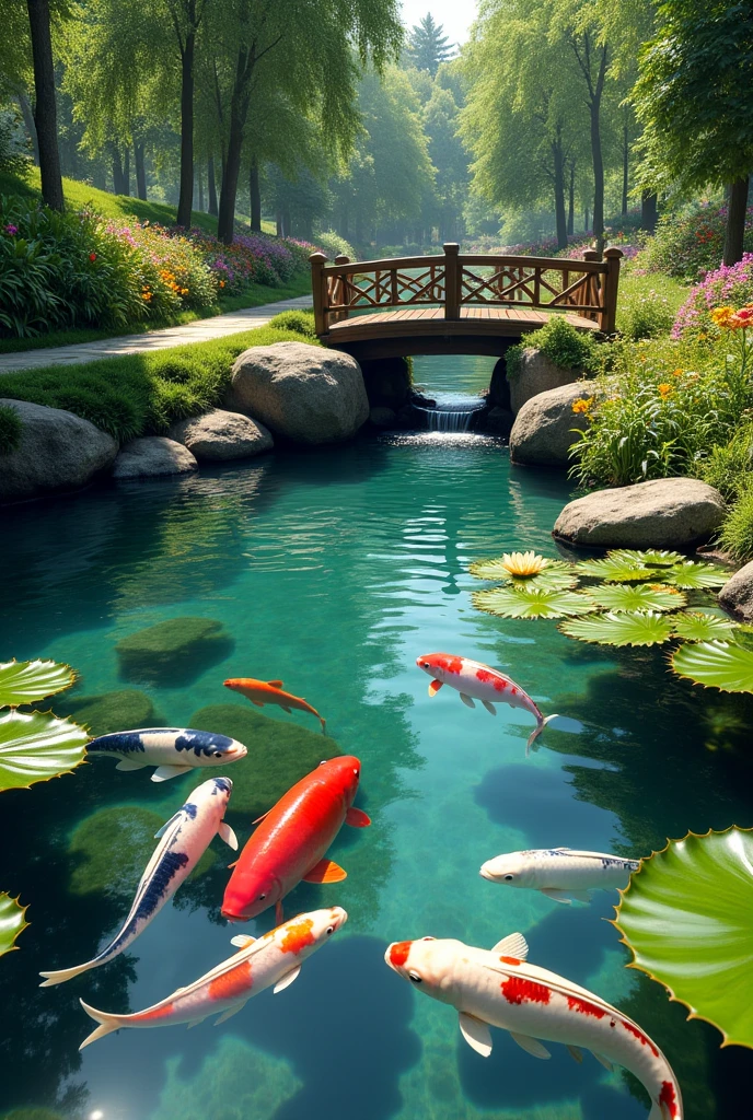 The shore of a clear pond with water lilies, colorful red, blue, and white carp, a small stream flowing into the pond, a small bridge over it, summer sunlight, bright summer flowers, a walkway around the pond, top quality images