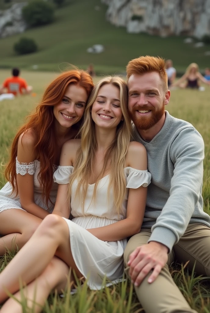 (photorealism:1.2), Candid outdoor photo of three people sitting closely together in a grassy field with a rocky hill in the background. The person on the left is a woman with medium skin tone, long red hair, and is wearing a white dress with lace trim. The person in the middle is a woman with fair skin tone, long blonde hair, and is wearing a white outfit, smiling with her eyes closed. The person on the right is a man with fair skin tone, short red hair, an American buzz cut, a well-defined beard, and is wearing a light gray sweater, smiling with his eyes closed and his arms around the person in the middle. The background includes a few other people and picnic items, suggesting a casual and relaxed atmosphere.