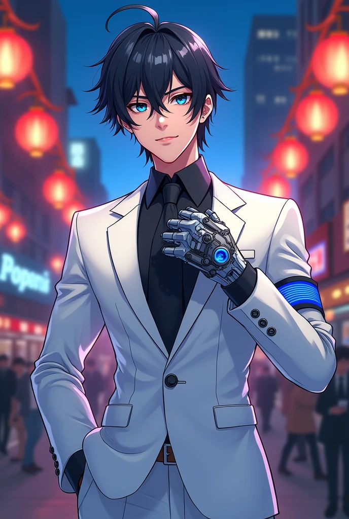 Anime masterpiece, charming boy, inspired by Debonair Ezreal from League of Legends and My Hero Academia aesthetics, captivating smile and confident gaze, donned in a pristine white tailored suit, sleek black tie elegantly knotted, glimmering gauntlet on right hand showcasing intricate mechanical design, striking blue accents reflecting his playful personality, vibrant background of a bustling cityscape at twilight, glowing lanterns and neon signs illuminating the scene, dynamic pose exuding confidence and allure, layers of detail in fabric textures highlighting the craftsmanship of his attire, soft expressive eyes inviting connection, intricate linework conveying movement and energy, harmonious color palette of crisp whites, deep blacks, and vibrant blues, stylized anime features with a youthful edge, emphasizing the character's unique features and fashionable flair, composed at a slight angle to create a sense of depth, dramatic lighting highlighting contours and suit elegance, artistic composition following the rule of thirds to enhance visual interest, anime style with exaggerated proportions and expressive expressions, showcasing the essence of contemporary anime art