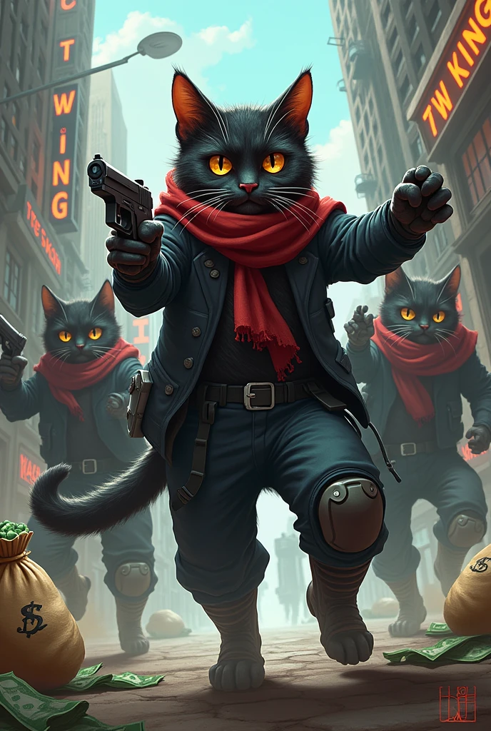 Cat army shoot name sahil maker and robotic  backround Bank and cat in hand gun and bag at money at .name text tag 7tw king