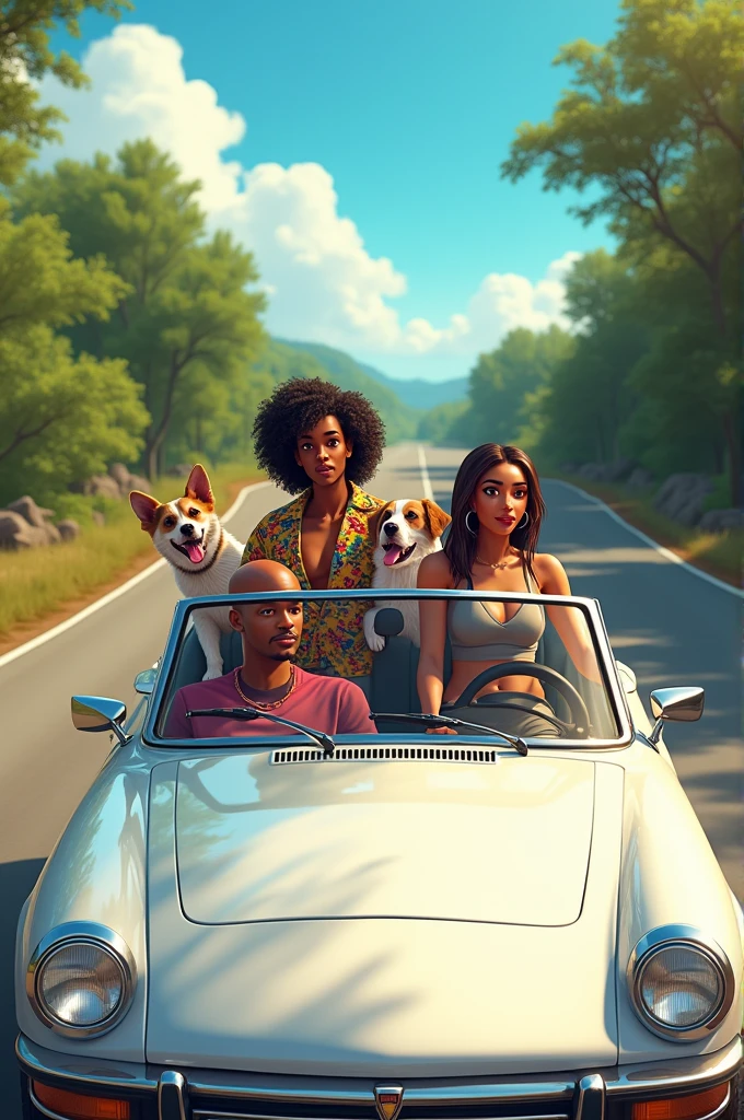 Create an image of 3 friends taking a road trip. The road is empty, It is quite beautiful and wooded, the weather is clear and sunny. At the wheel is a 23-year-old woman with tanned skin and long, wavy black hair., Next to you, in the passenger seat is a bald black man, gay, with extravagant and flashy clothes. In the back seat there is a 2 white woman with straight brown hair and average height.. She is muscular and wears gym clothes.. There is also a medium-sized dog in the back seat., white with brown with head out of the window. The car is a white onyx