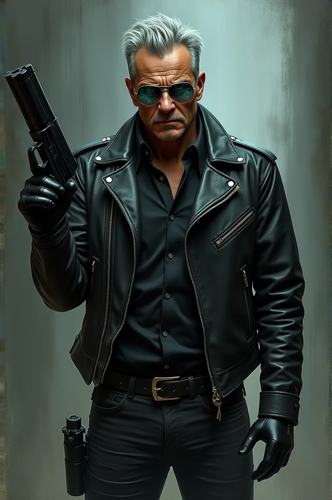 I want an illustration of Michael Des Barres as Murdoc with short gray hair wearing a leather biker jacket and leather gloves, transparent and slightly dark glasses and with a grenade launcher in his hand